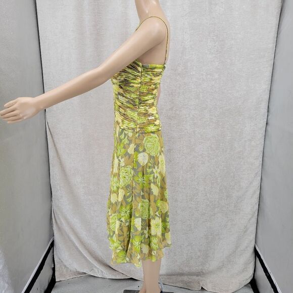 Chetta B Silk Midi Dress Y2K Floral Wasabi Green Ruched Pleat Bodice Fairycore - Picture 5 of 14